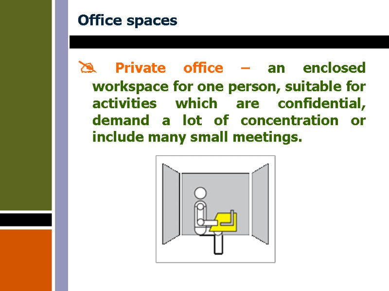 Office spaces  Private office – an enclosed workspace for one person, suitable for
